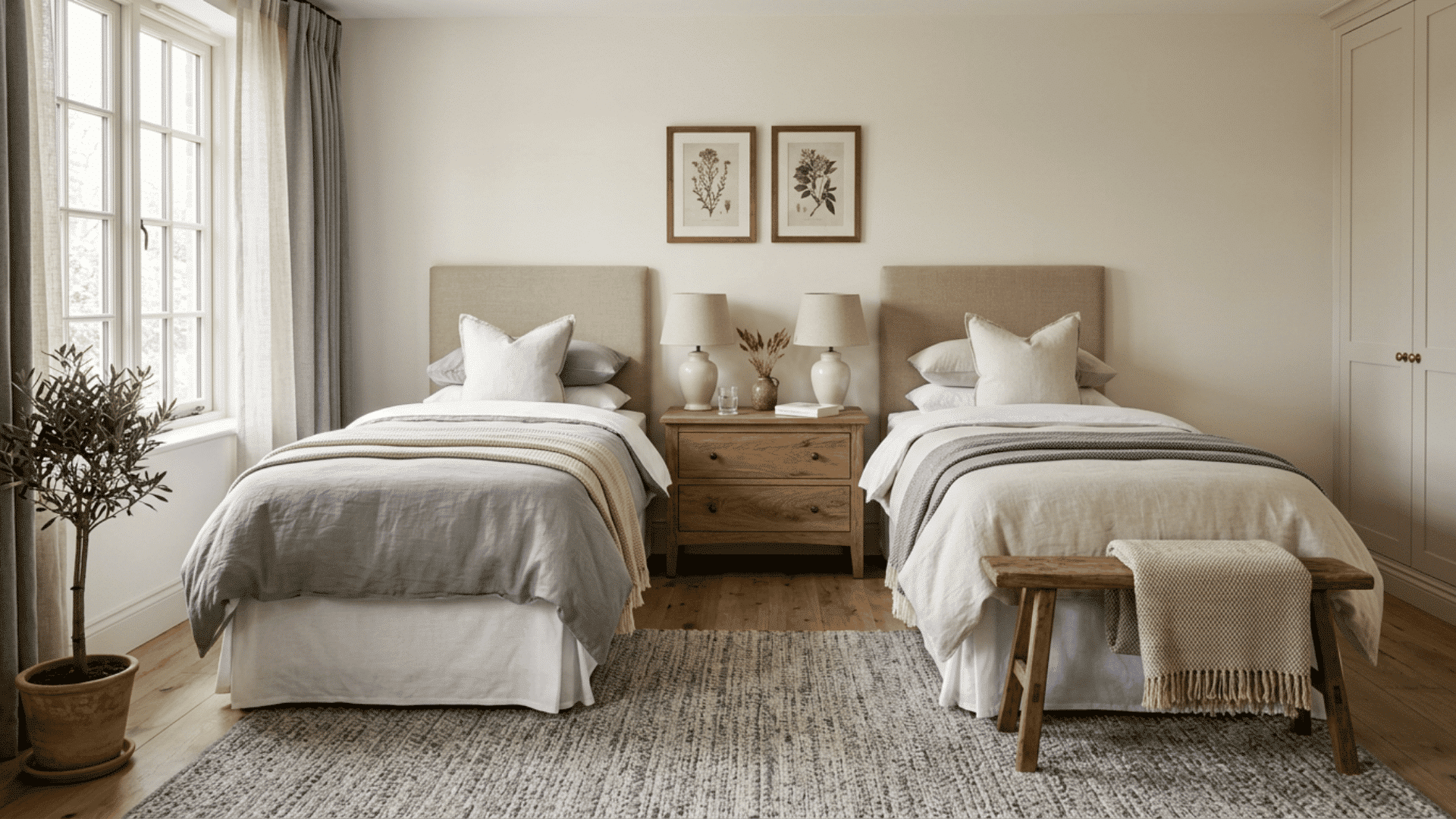 Bright guest bedroom with sheer curtains, pale bedding, and a canopy bed