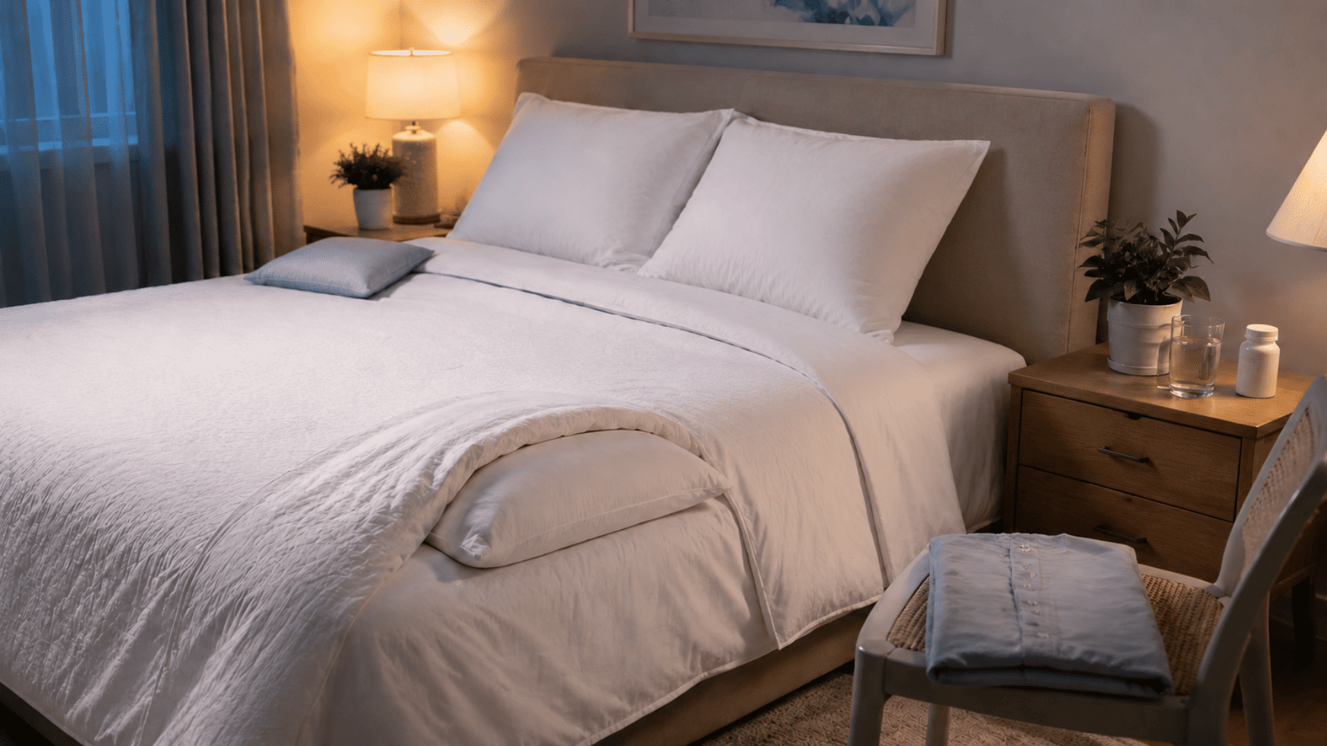 bed arranged with head and knee pillows, water, medicine, plus folded sleepwear.