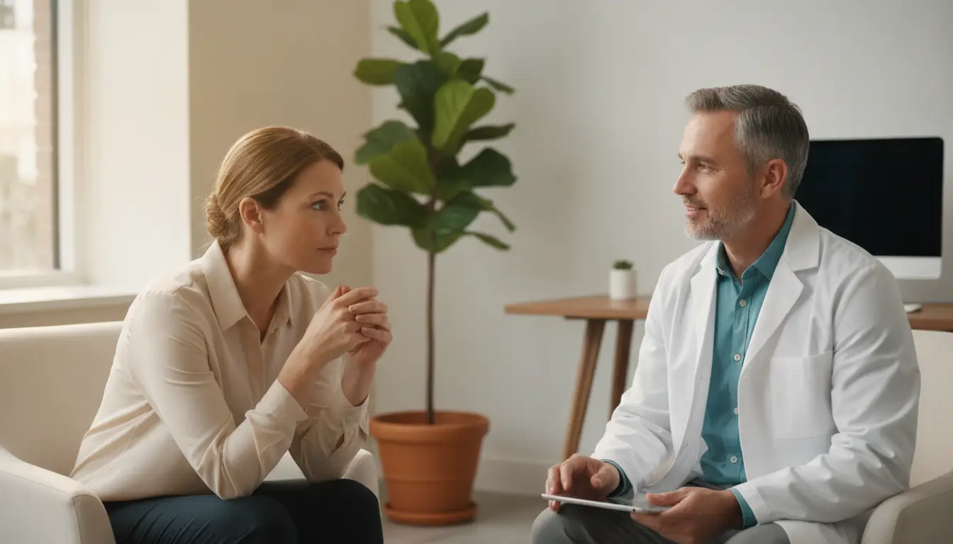 Doctor and patient discussing concerns in a bright office with a potted plant in background