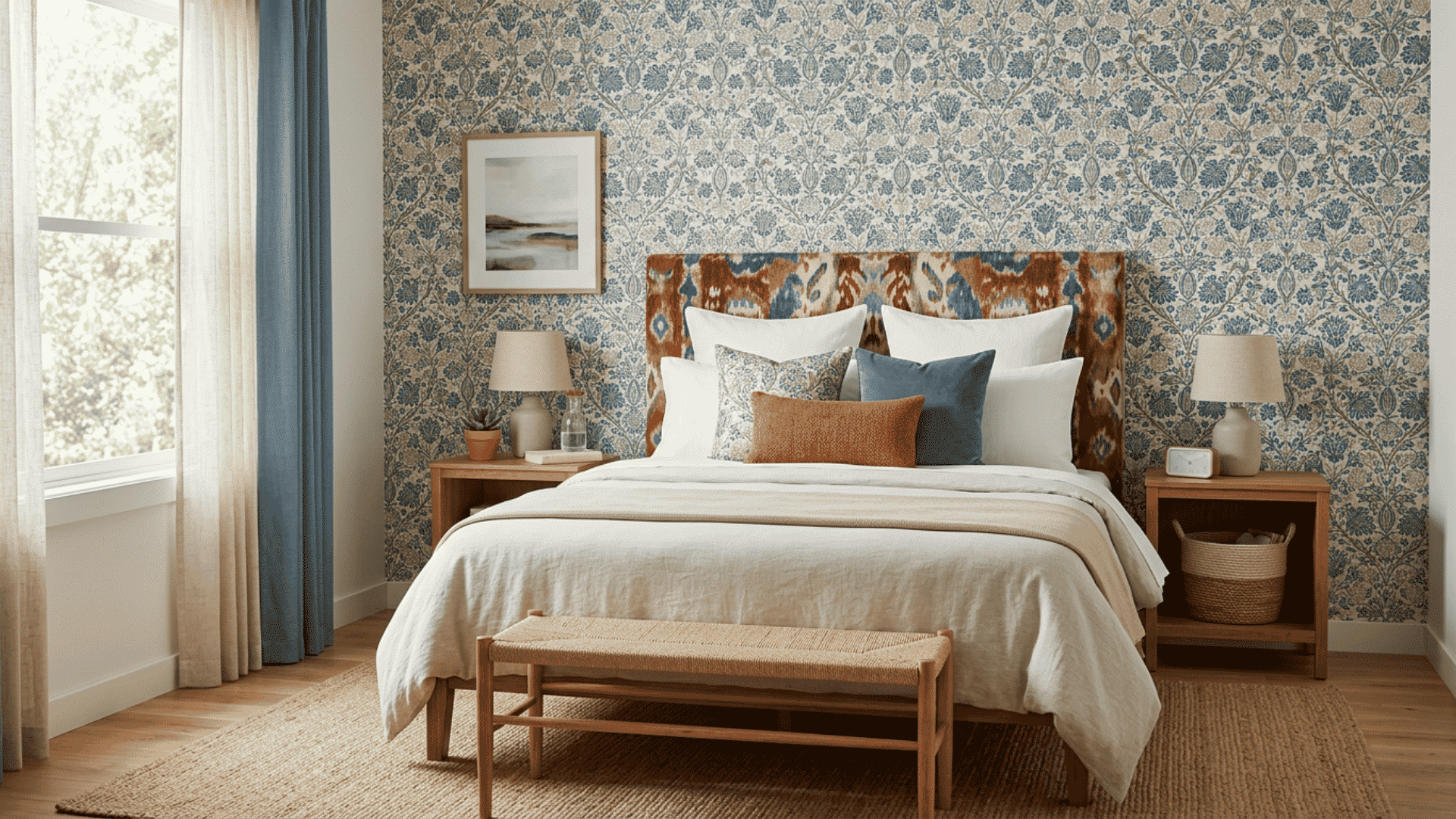 Colorful guest bedroom with patterned wallpaper and a bold headboard