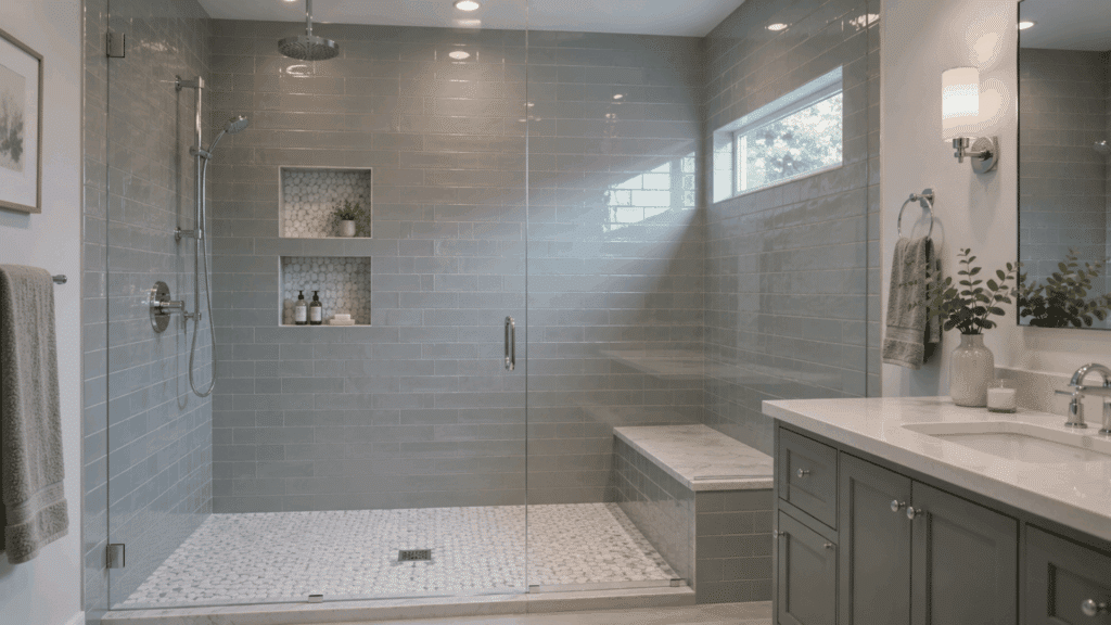 large walk-in shower with gray subway tiles, glass enclosure, bench and dual niches