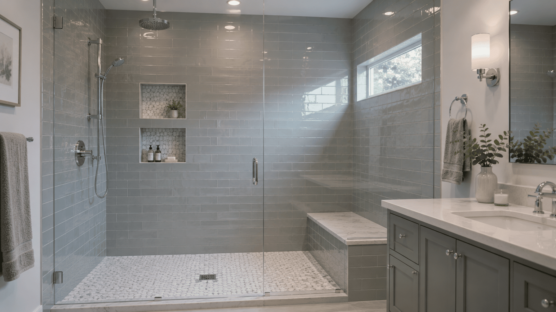 large walk-in shower with gray subway tiles, glass enclosure, bench and dual niches