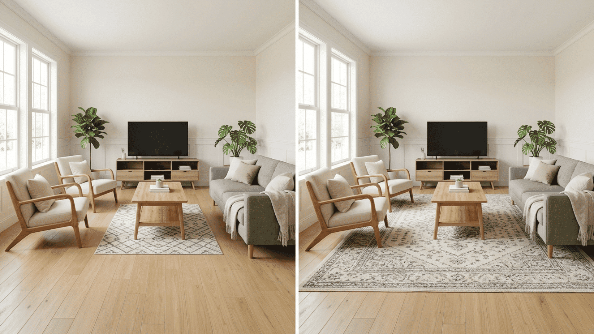 side-by-side living room showing a small rug and a properly sized area rug