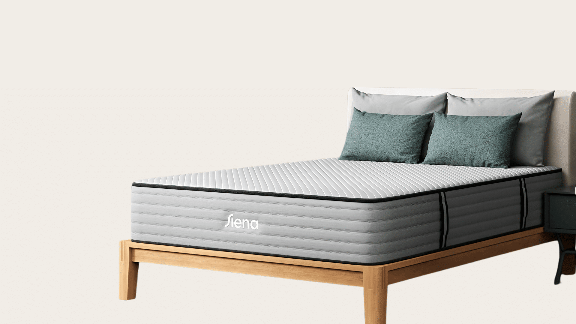 Siena Signature mattress shown on a wooden frame with layered comfort design and pillows.