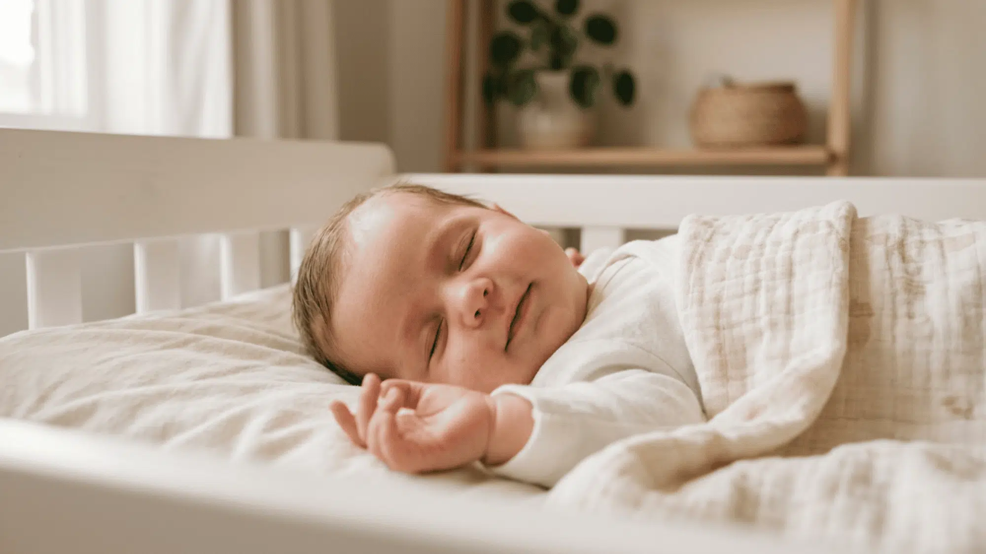 Sleeping baby with a gentle smile resting peacefully in a crib with soft natural daylight