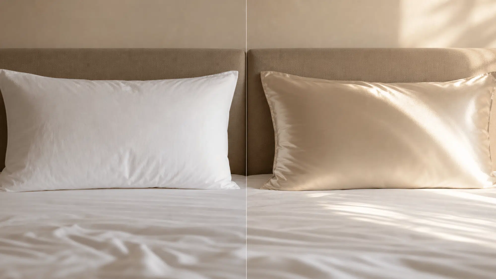 White cotton and champagne silk pillowcases shown side by side on a neatly made bed.
