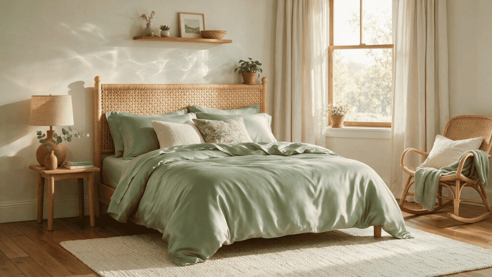 Silky sage green bamboo sheets draped smoothly on a bed in a bright modern bedroom with rattan headboard