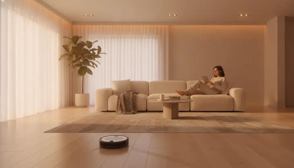 Woman reading tablet on cream sofa in minimalist living room with robot vacuum and potted plant