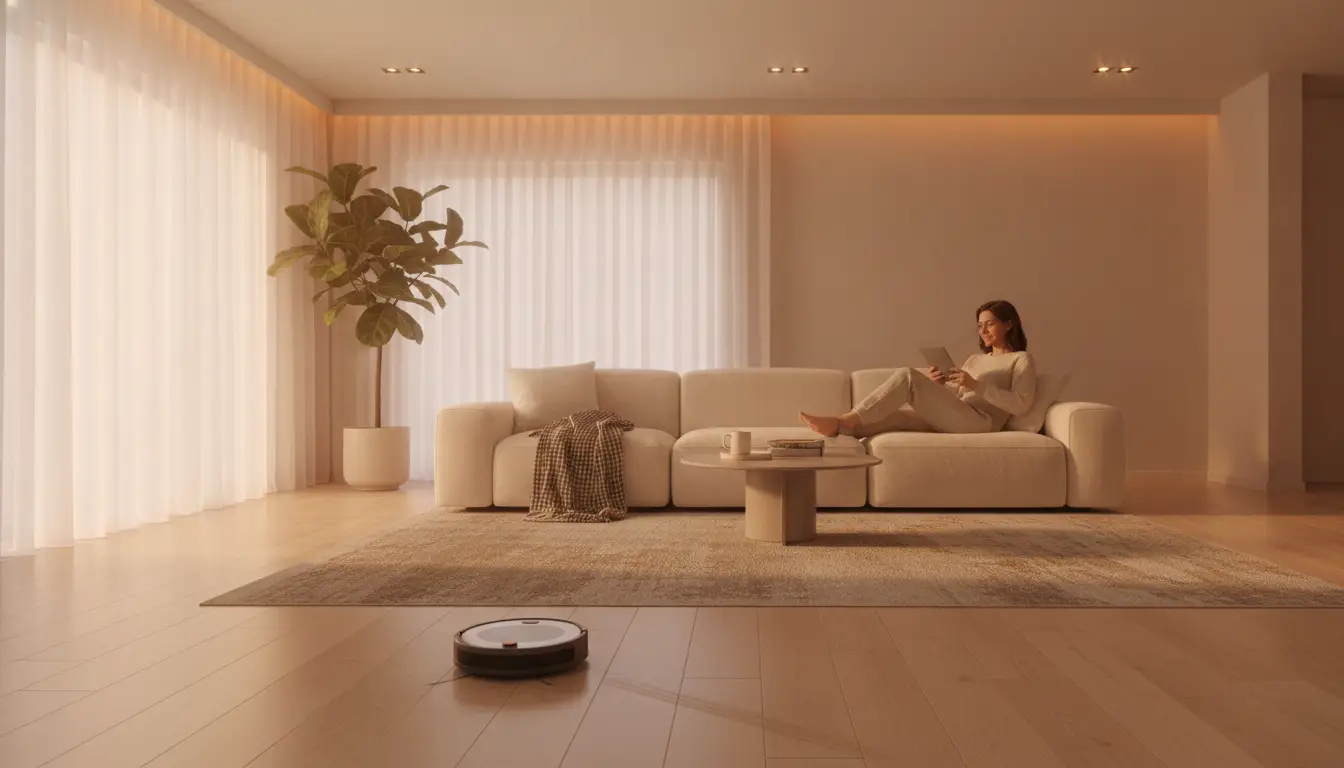 Woman reading tablet on cream sofa in minimalist living room with robot vacuum and potted plant