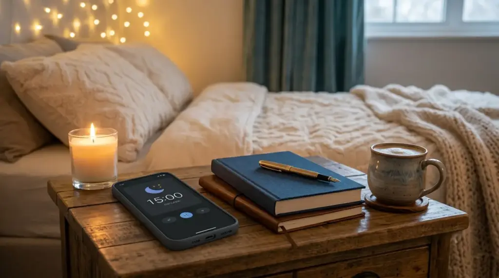 Smartphone with timer, candle, and books on wooden nightstand in cozy bedroom setting