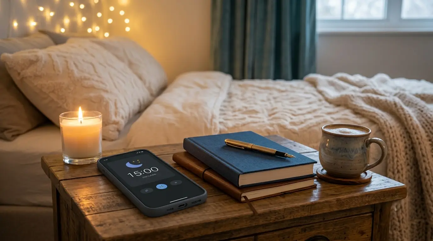 Smartphone with timer, candle, and books on wooden nightstand in cozy bedroom setting