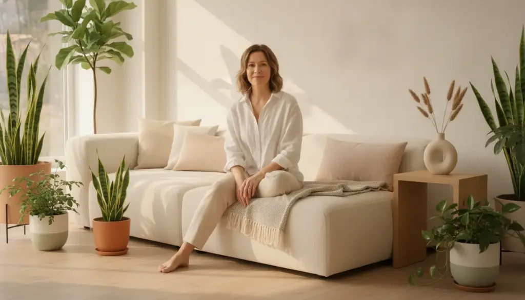 Woman sitting on beige sofa in minimalist living room with indoor plants and natural light