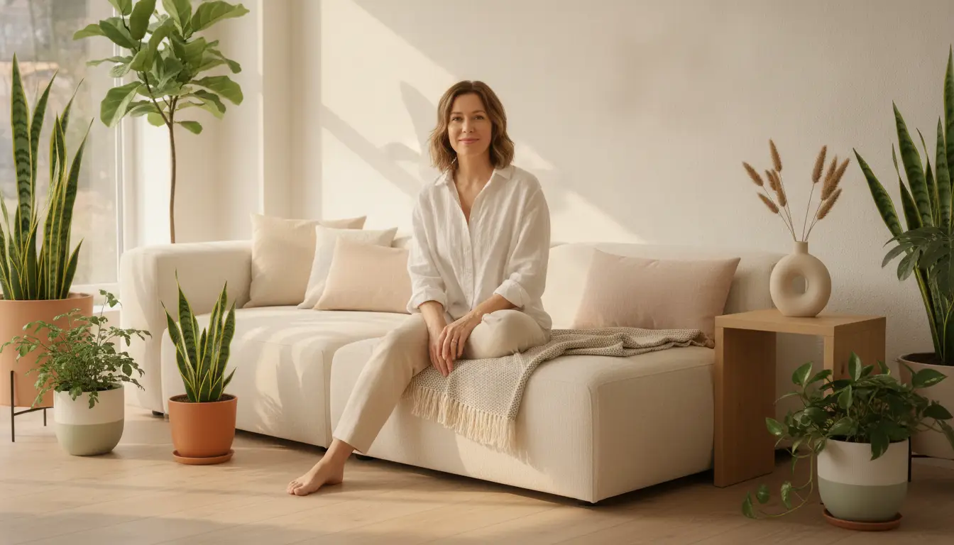 Woman sitting on beige sofa in minimalist living room with indoor plants and natural light