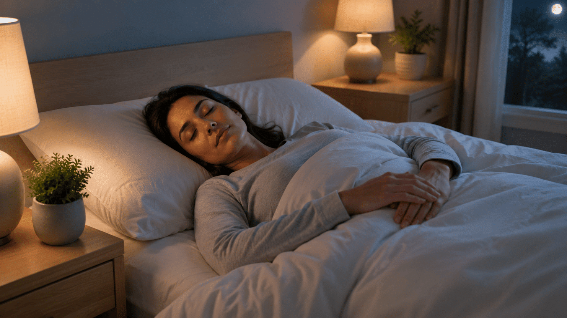 adult woman sleeping peacefully in a modern bedroom to support healthy rest and physical recovery