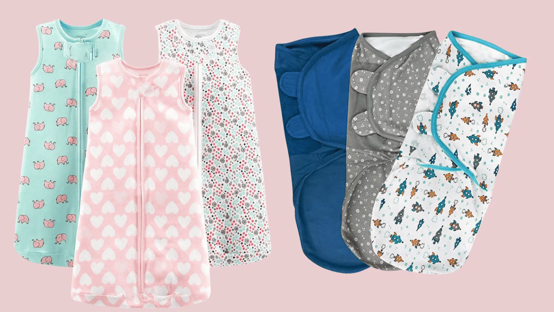 colorful baby sleep sacks and swaddle wraps displayed side by side on a soft pink background.