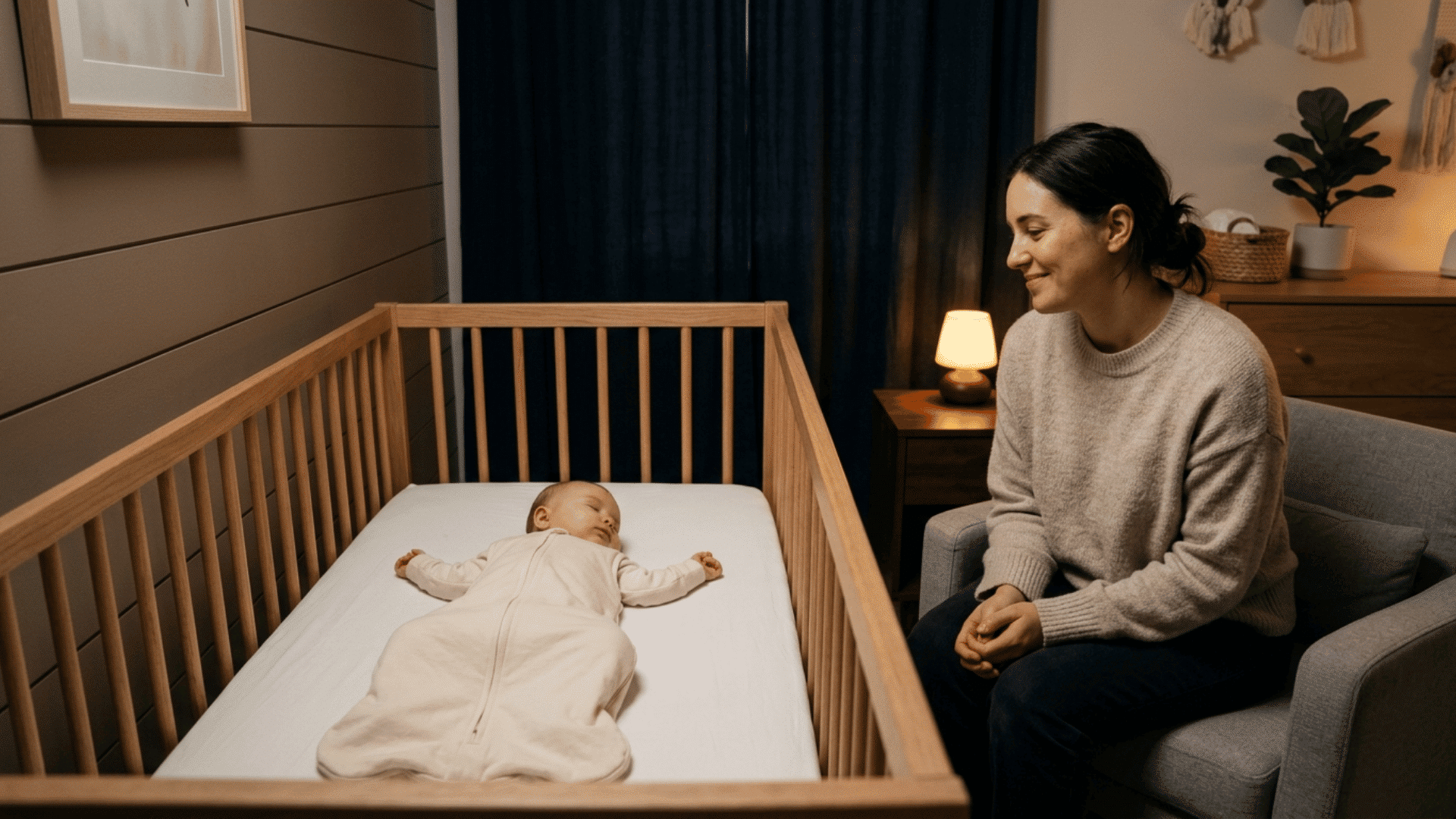 Mother watches her sleeping baby from a chair beside an empty crib in a nursery.