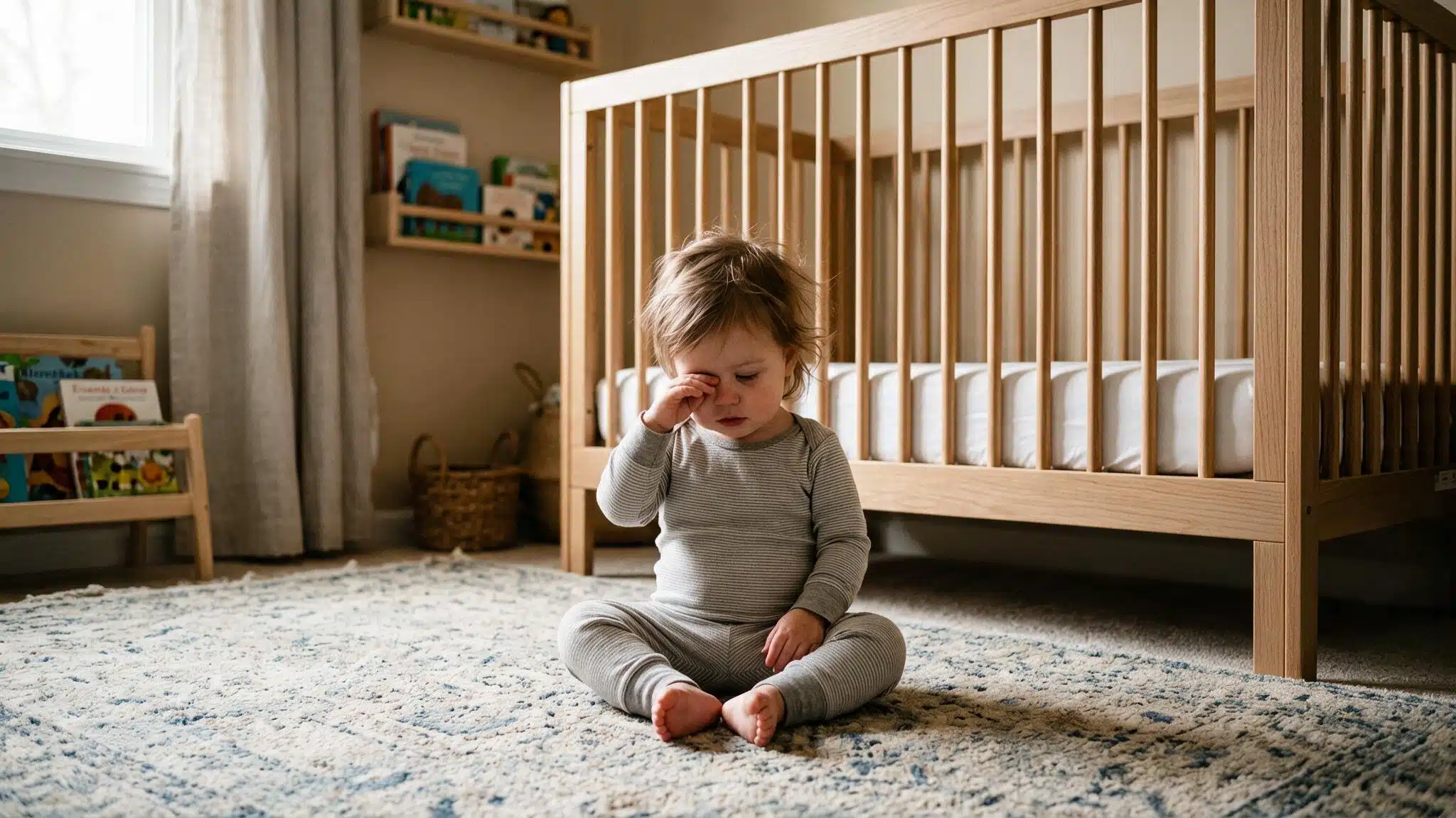 sleepy 13-month-old toddler rubbing an eye beside a wooden crib in a softly lit nursery