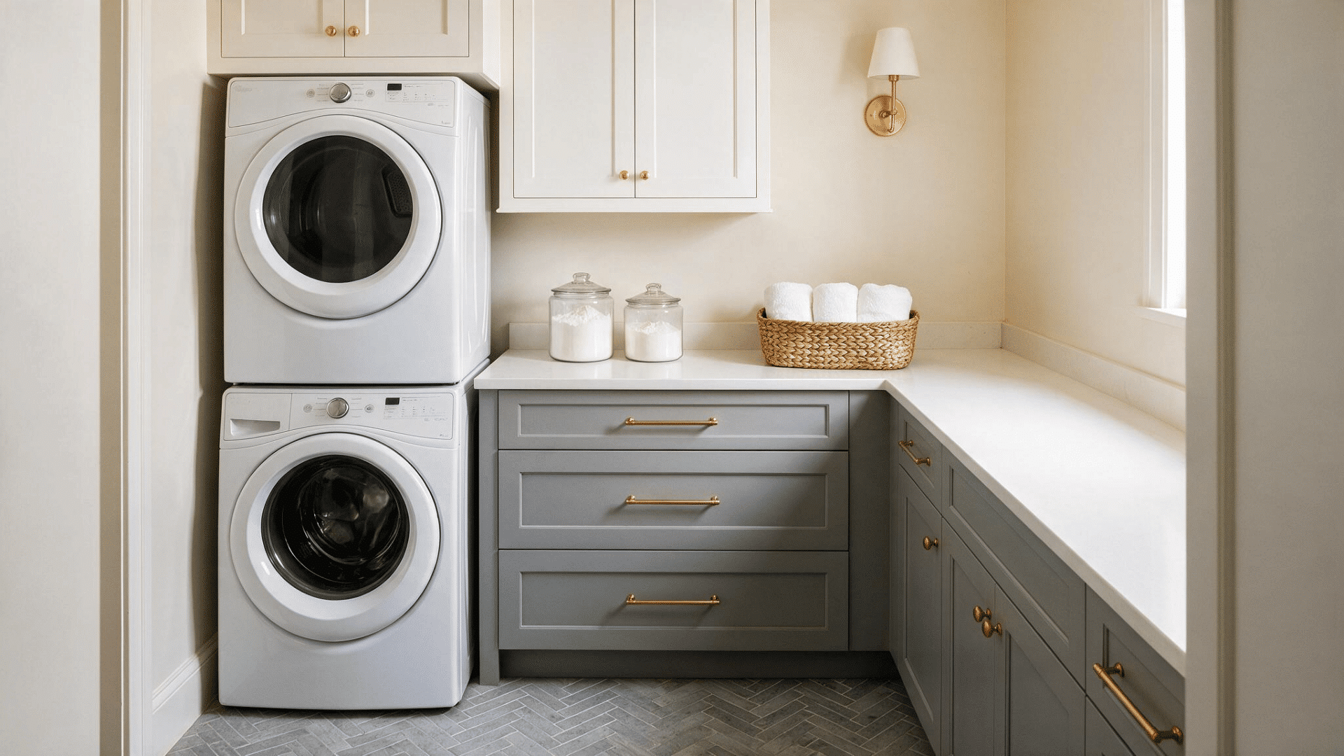small laundry room with stacked machines, gray cabinets, and white countertops