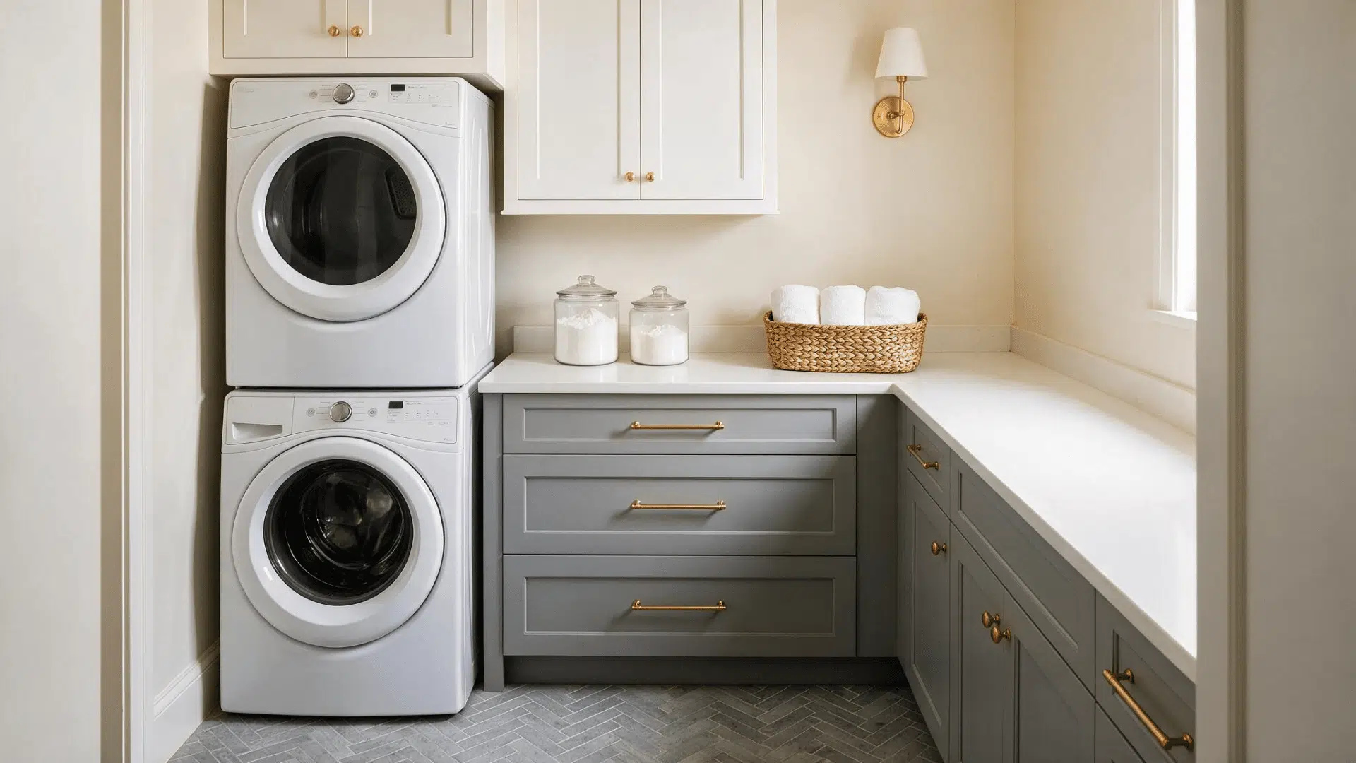 small laundry room with stacked machines, gray cabinets, and white countertops