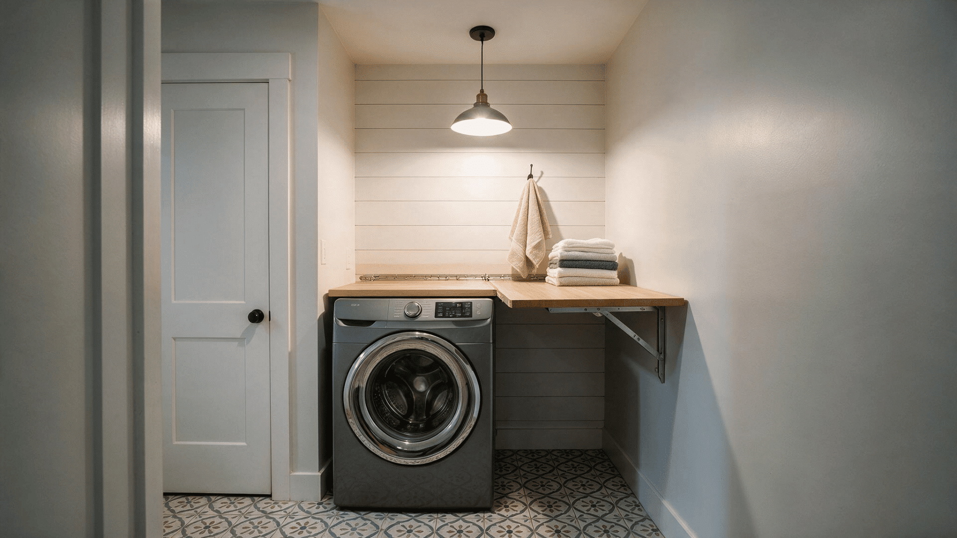small laundry room with dark washer, butcher block folding counter, and pendant light