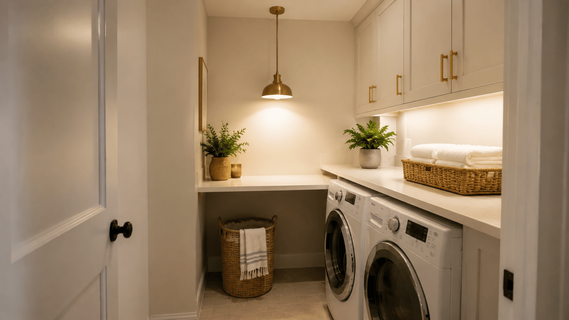 small laundry room with pendant light, narrow counter, white cabinets, washer and dryer