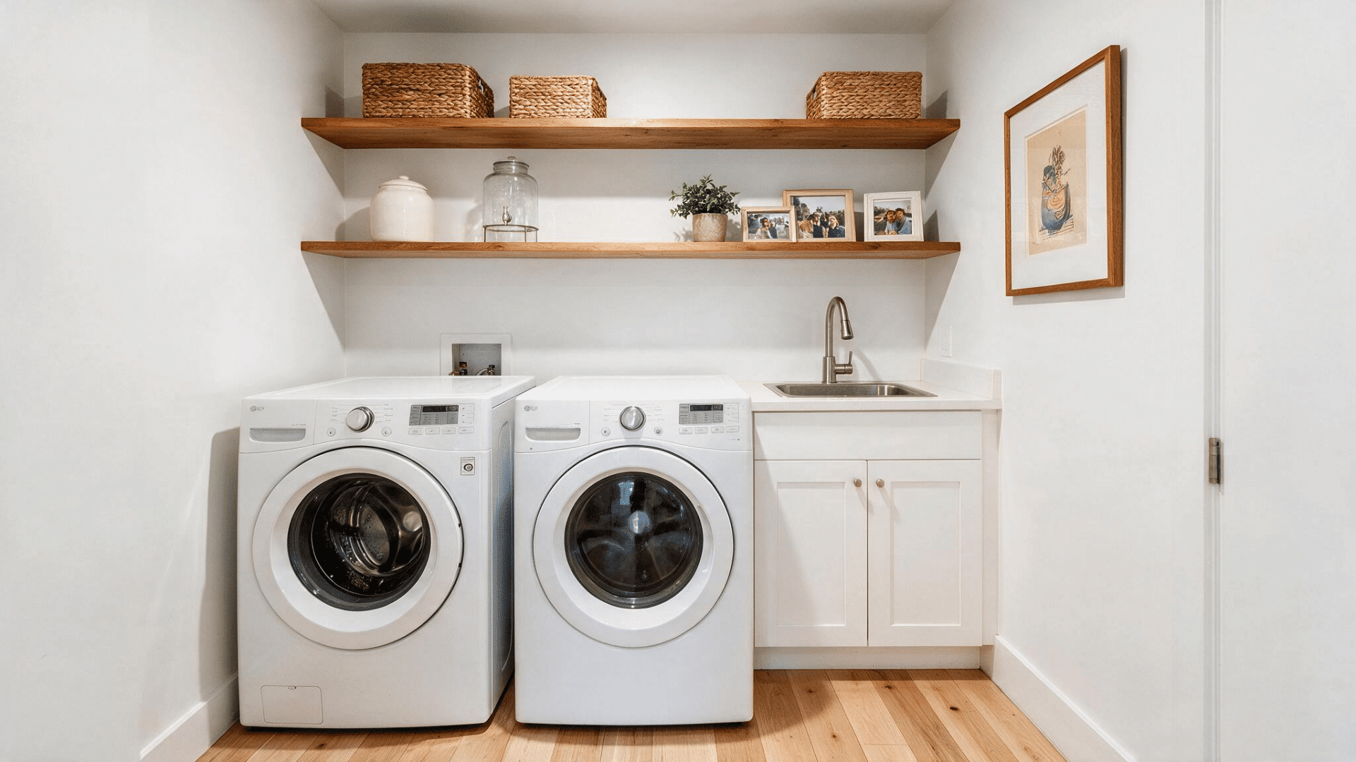 small laundry room with washer, dryer, utility sink, wooden shelves, and storage baskets