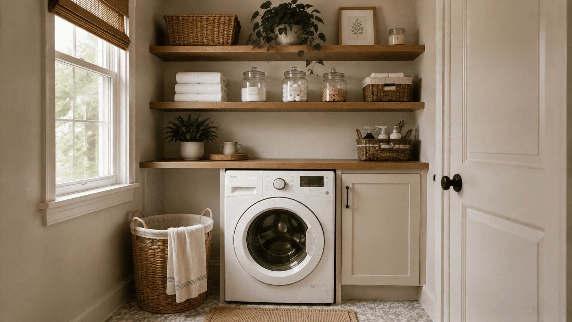 small laundry room with wooden open shelves, glass jars, baskets, and front-loading washer