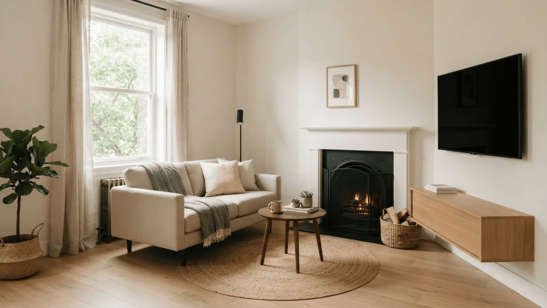 small living room with fireplace, wall-mounted TV, compact sofa, and floating console