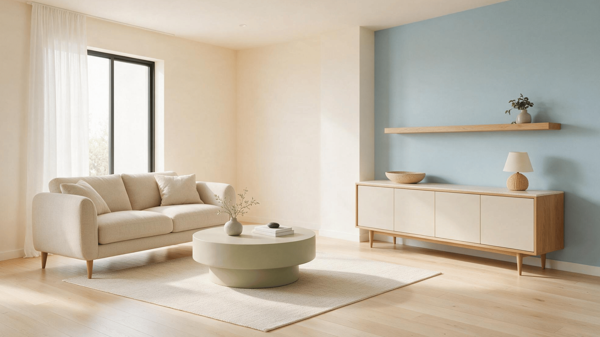 small minimalist living room with cream sofa, round table, blue accent wall, and light wood storage