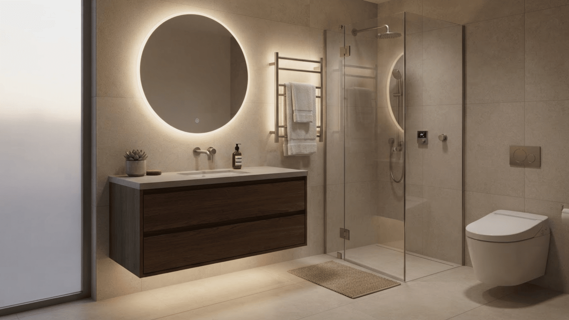 smart luxury bathroom with glowing mirrors, glass shower, wood vanity, and heated towel rail
