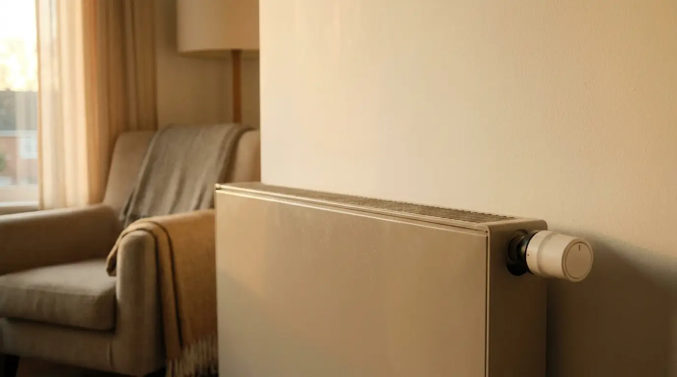 Radiator with control knob in cozy living room with beige armchair and soft lighting
