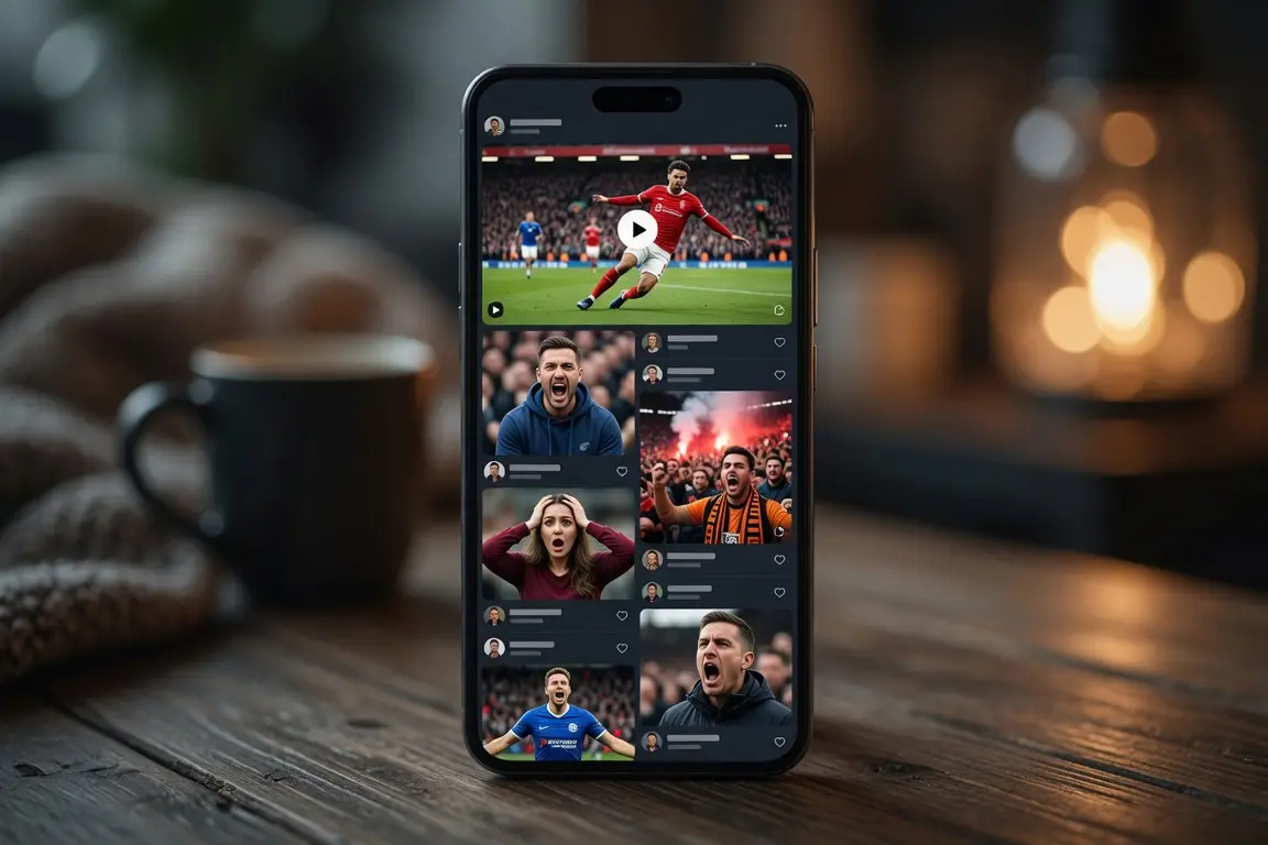Smartphone displaying soccer game highlights and fan reactions on social media app in cozy setting