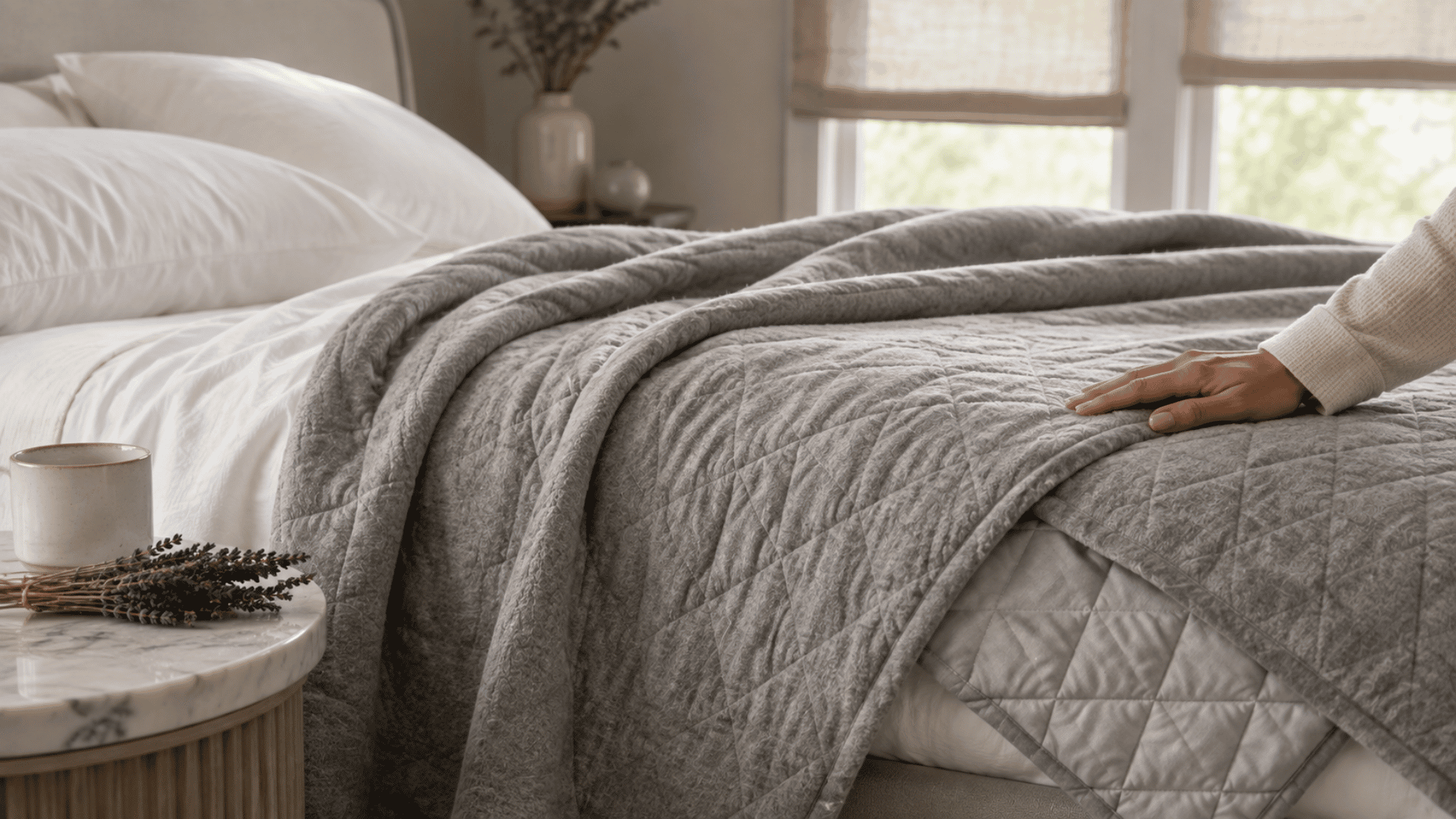 Soft heather grey cotton cashmere quilt with diamond stitching draped on a bed in a calm modern bedroom