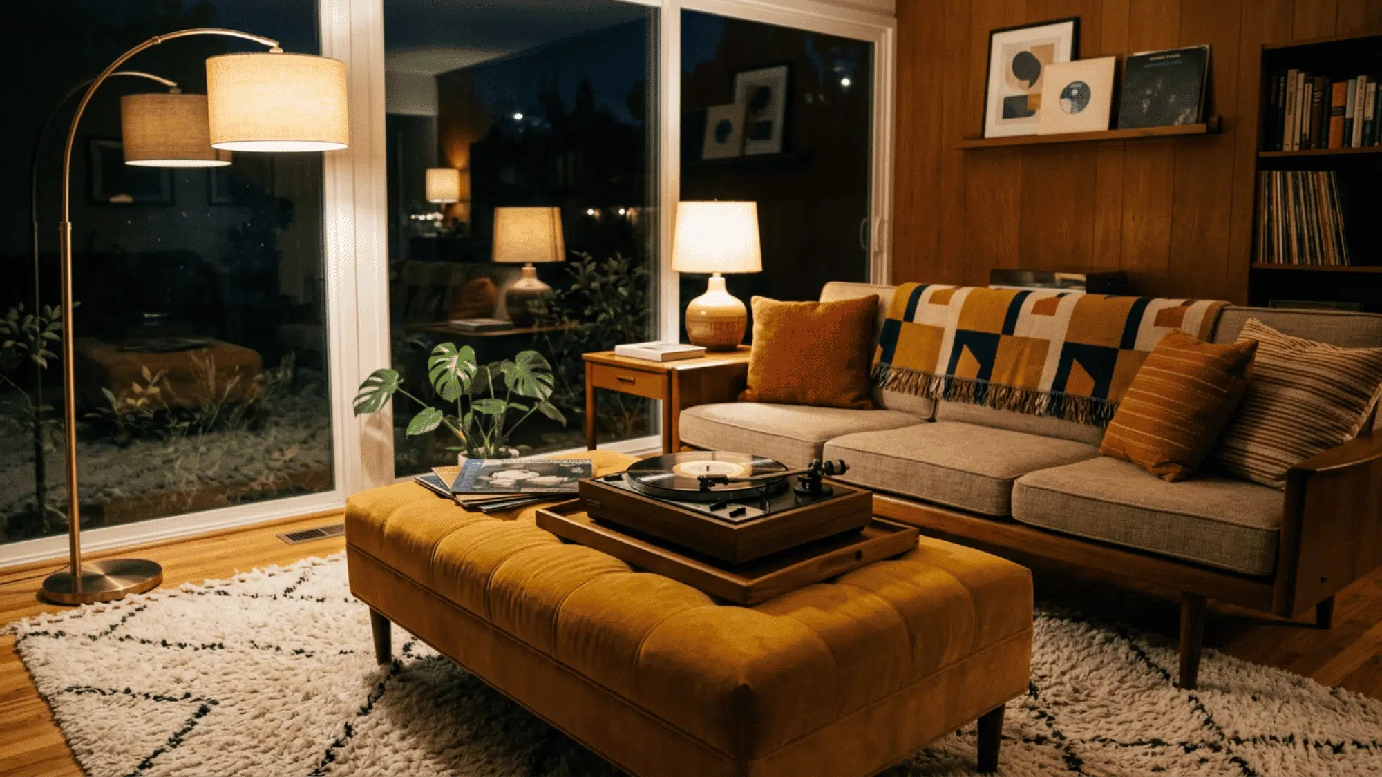 Cozy living room with soft ottoman, tray, sofa, throw pillows, blanket, and warm rug.