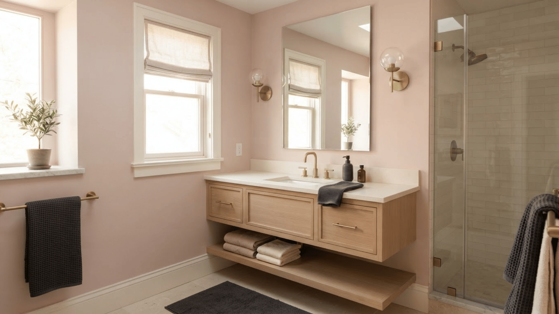 soft pink bathroom with light wood vanity, glass shower, brass fixtures, and white trim