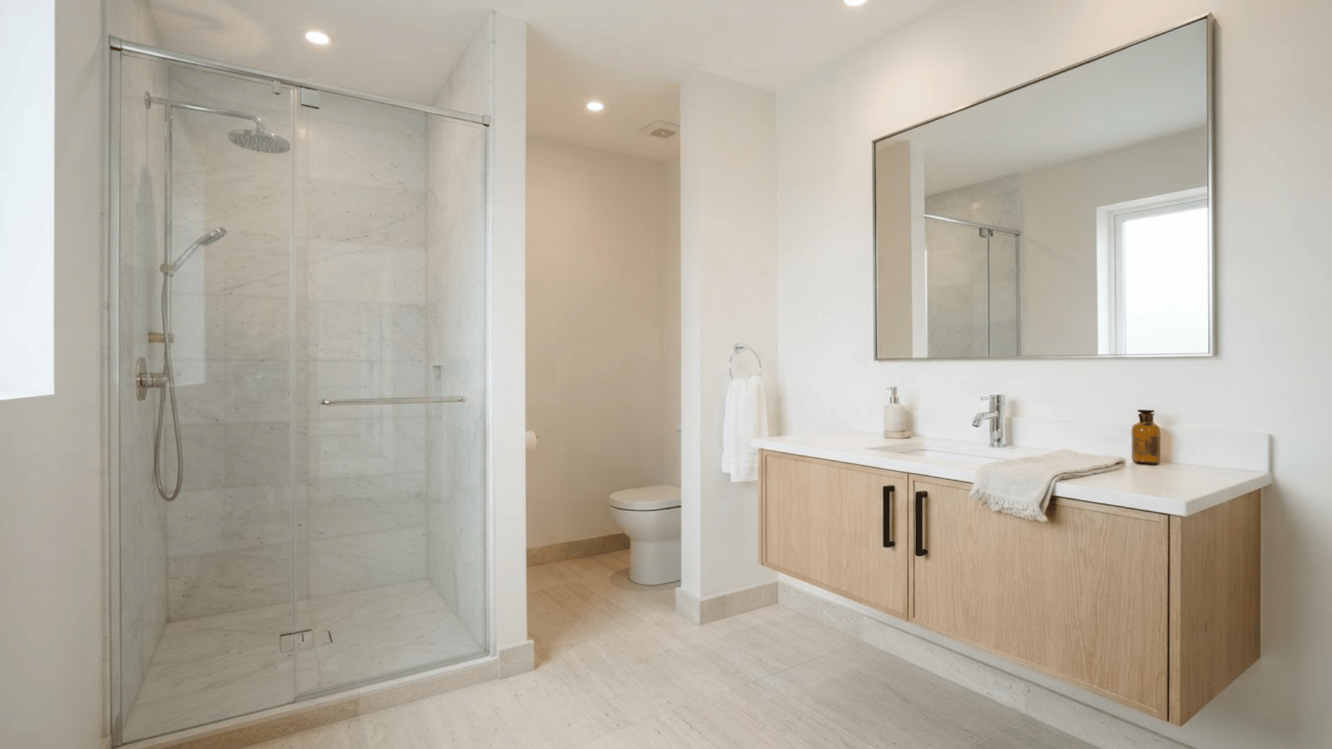 soft white bathroom with marble shower, light wood vanity, and chrome fixtures