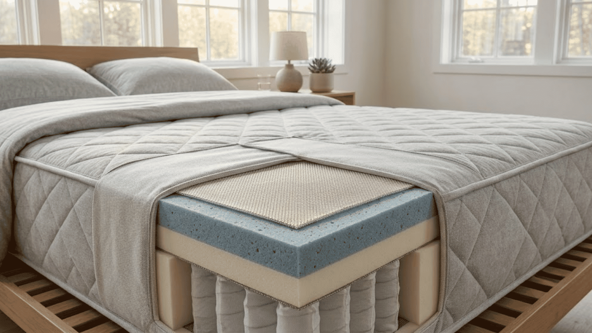 foam mattress cutaway showing blue foam layers, fabric cover, and internal materials on a bed frame