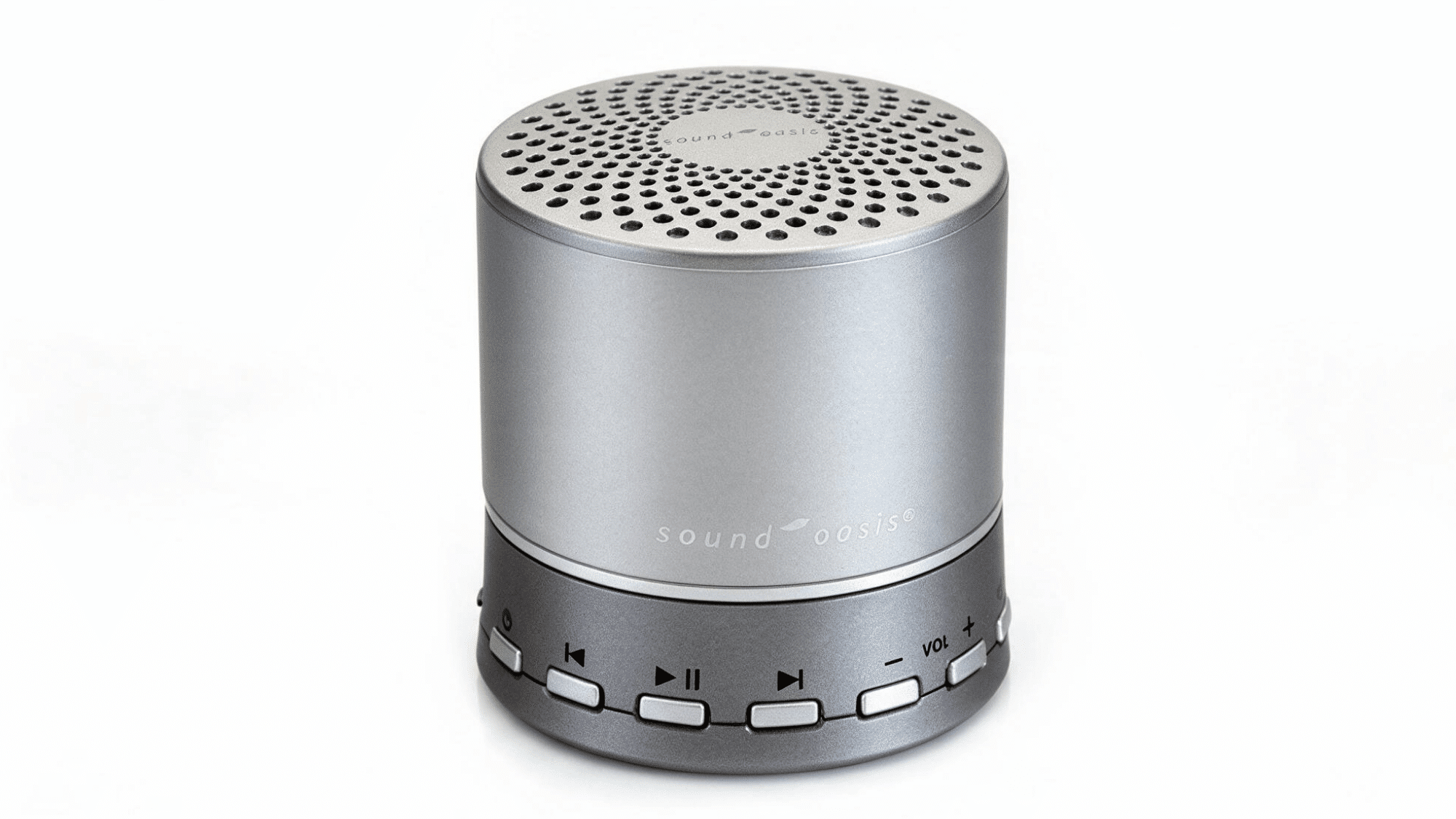 sound oasis bluetooth sound machine with cylindrical design, speaker grille, control buttons, and volume settings on a clean background