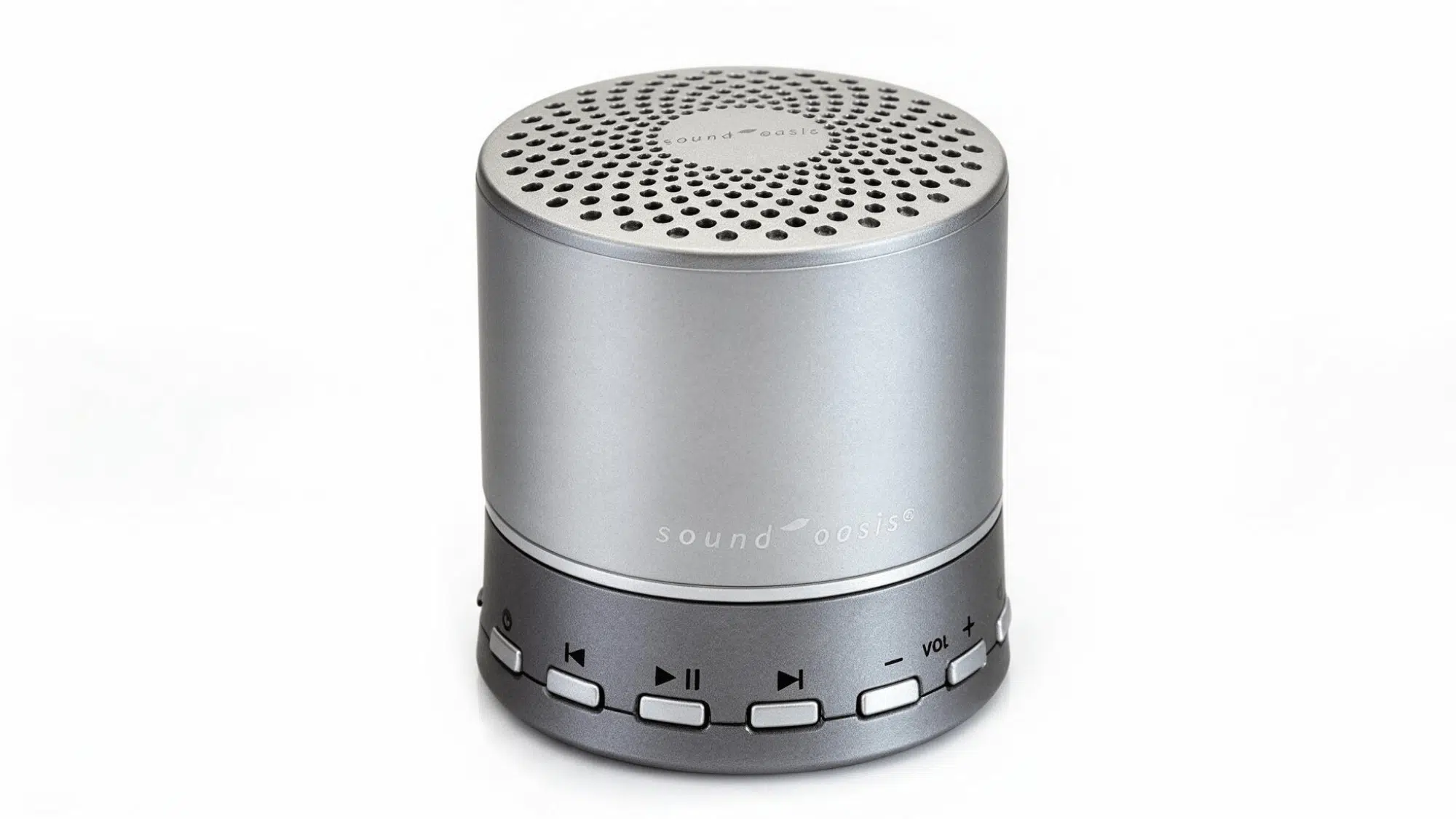 sound oasis bluetooth sound machine with cylindrical design, speaker grille, control buttons, and volume settings on a clean background