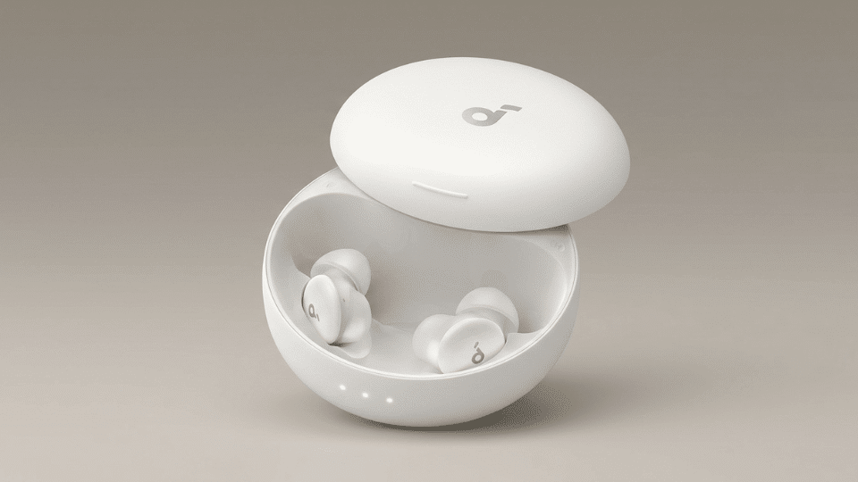 soundcore sleep a30 earbuds placed beside a charging case for nighttime listening
