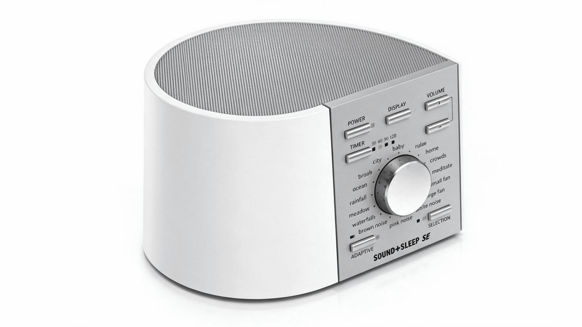 sound+sleep se white noise machine with round design, speaker grille, sound selection dial, and control panel on a clean background