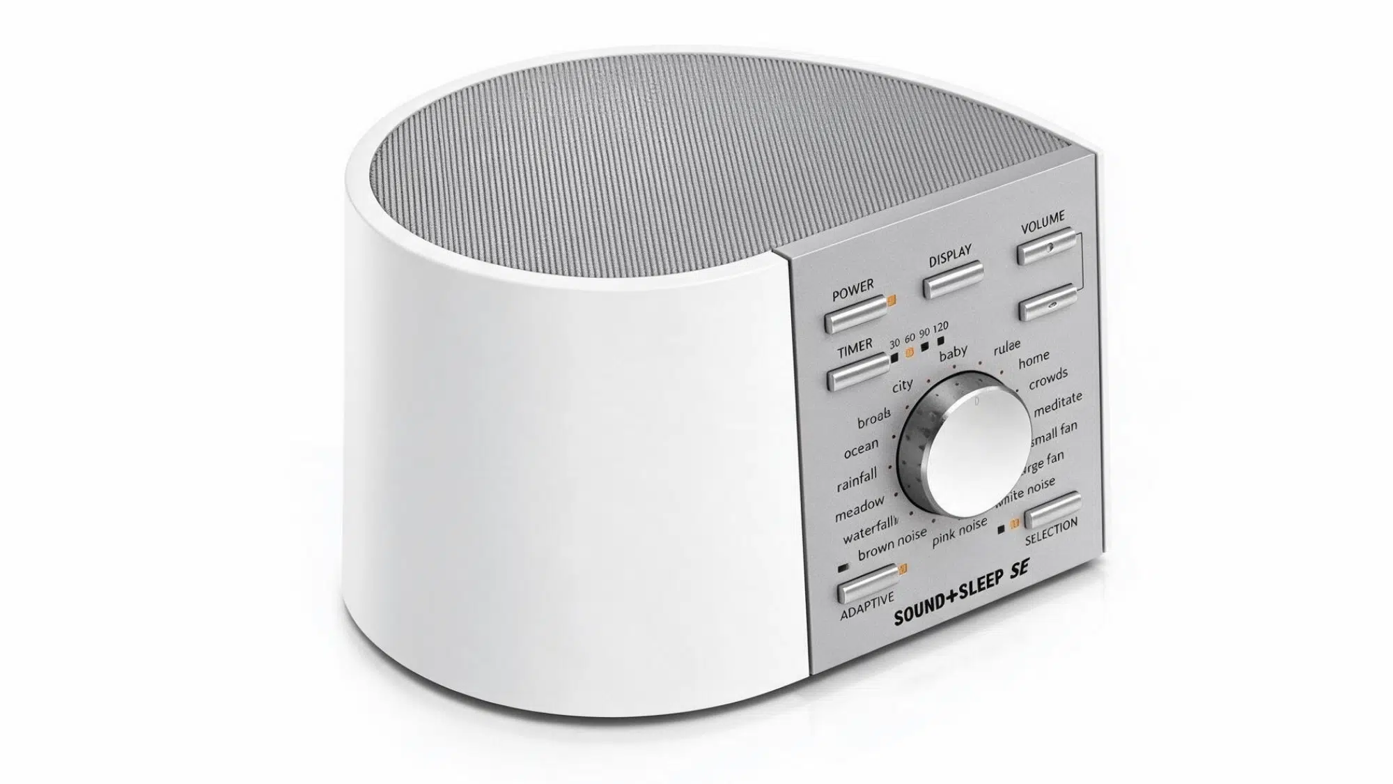 sound+sleep se white noise machine with round design, speaker grille, sound selection dial, and control panel on a clean background