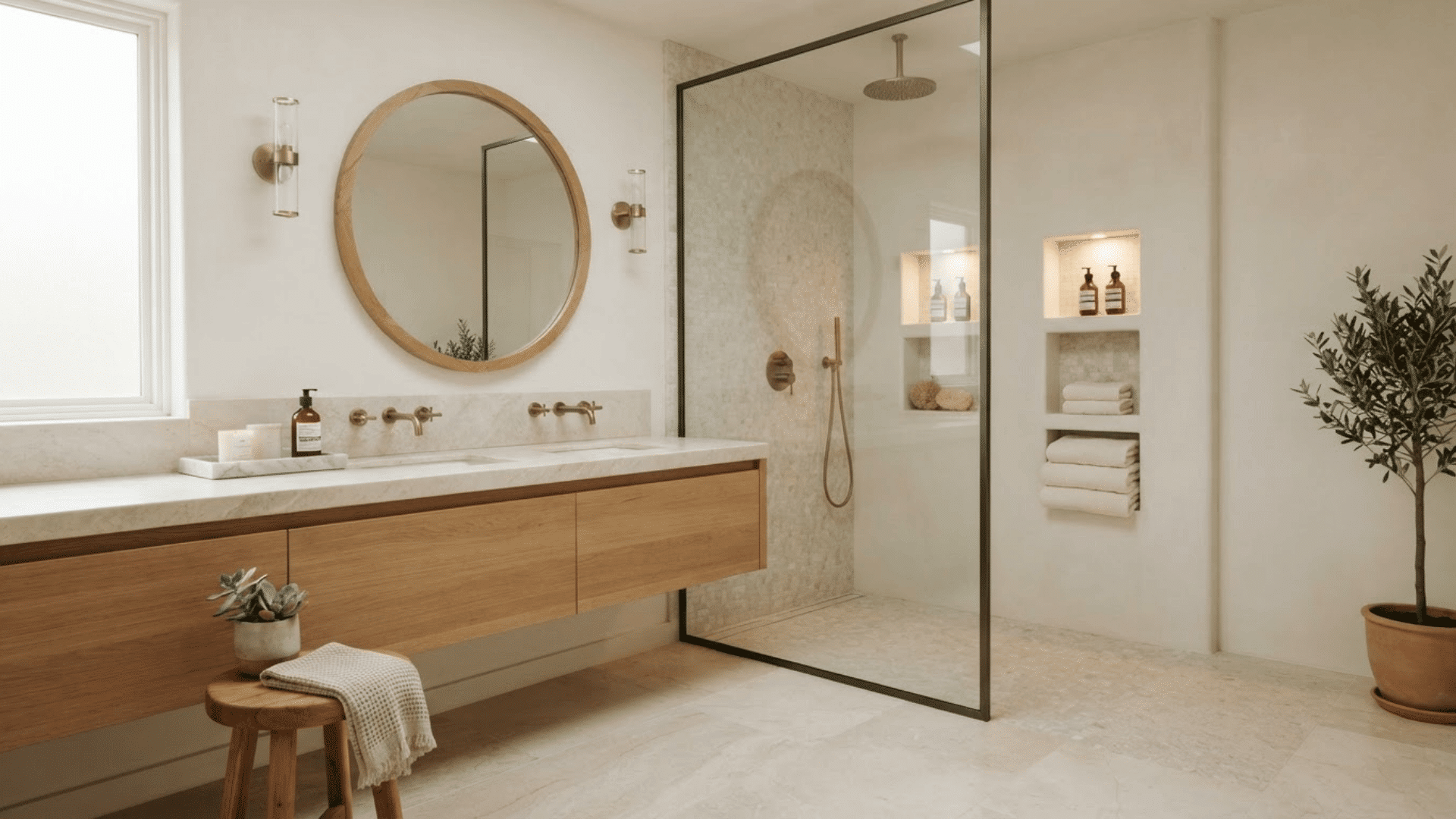 spa-like master bathroom with wood vanity, glass shower, soft stone, plants, and warm accents
