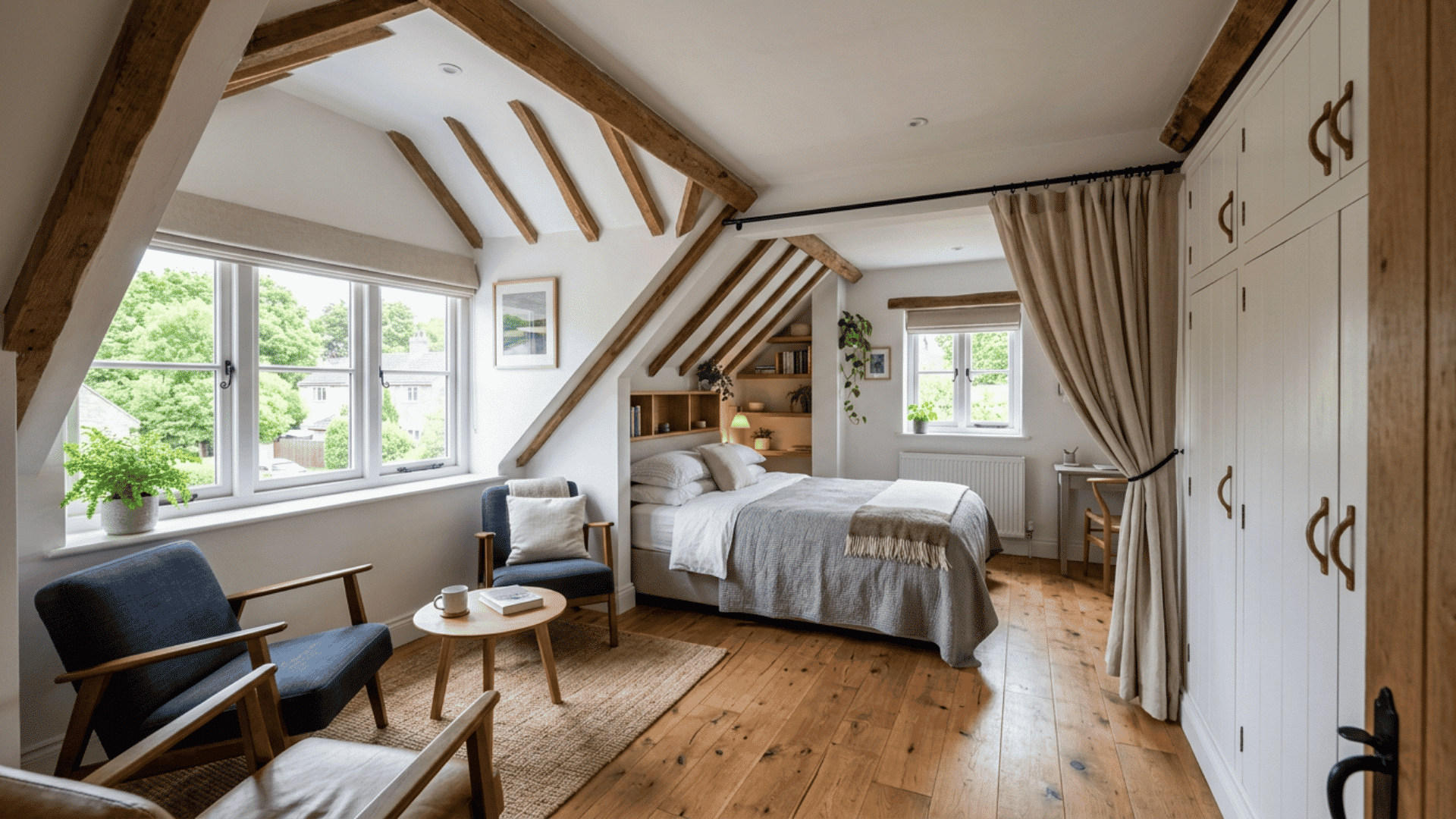 Converted room above a garage with a bed and built-in storage