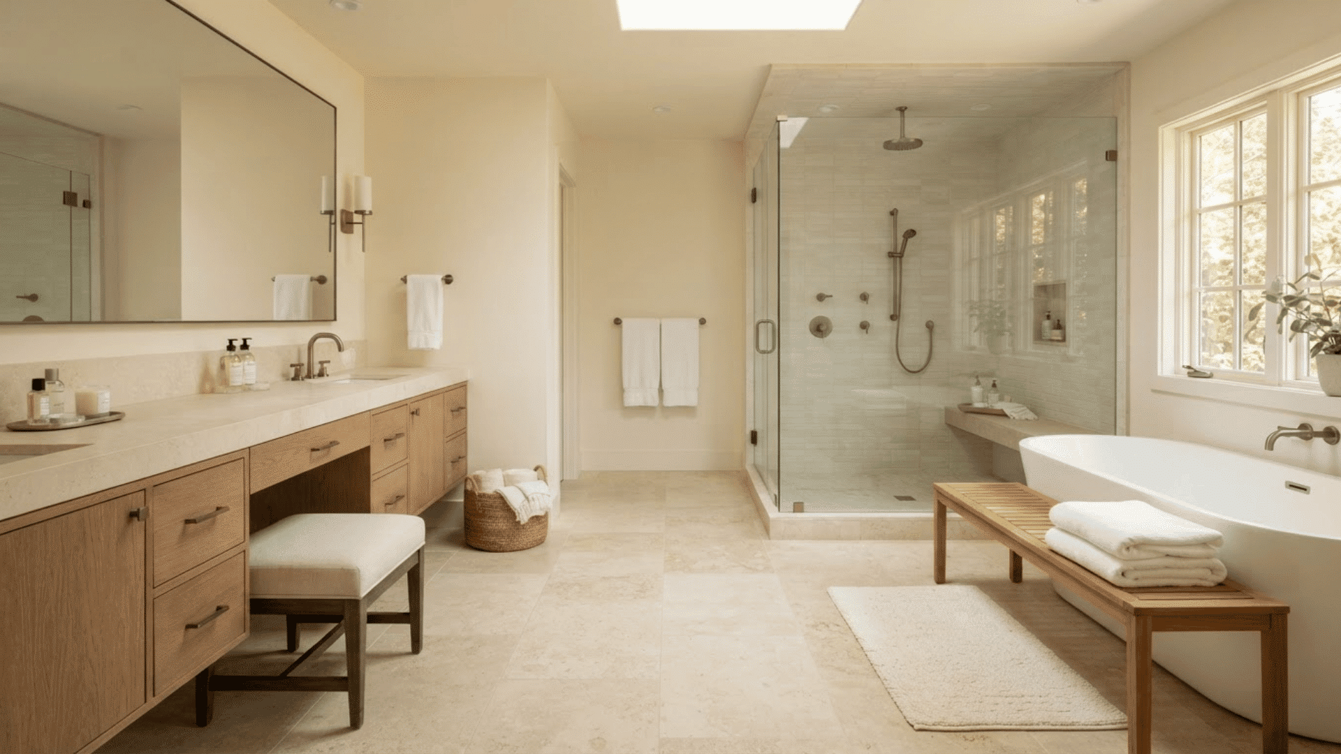 spacious luxury bathroom with wood bench, vanity seating, glass shower, and white tub