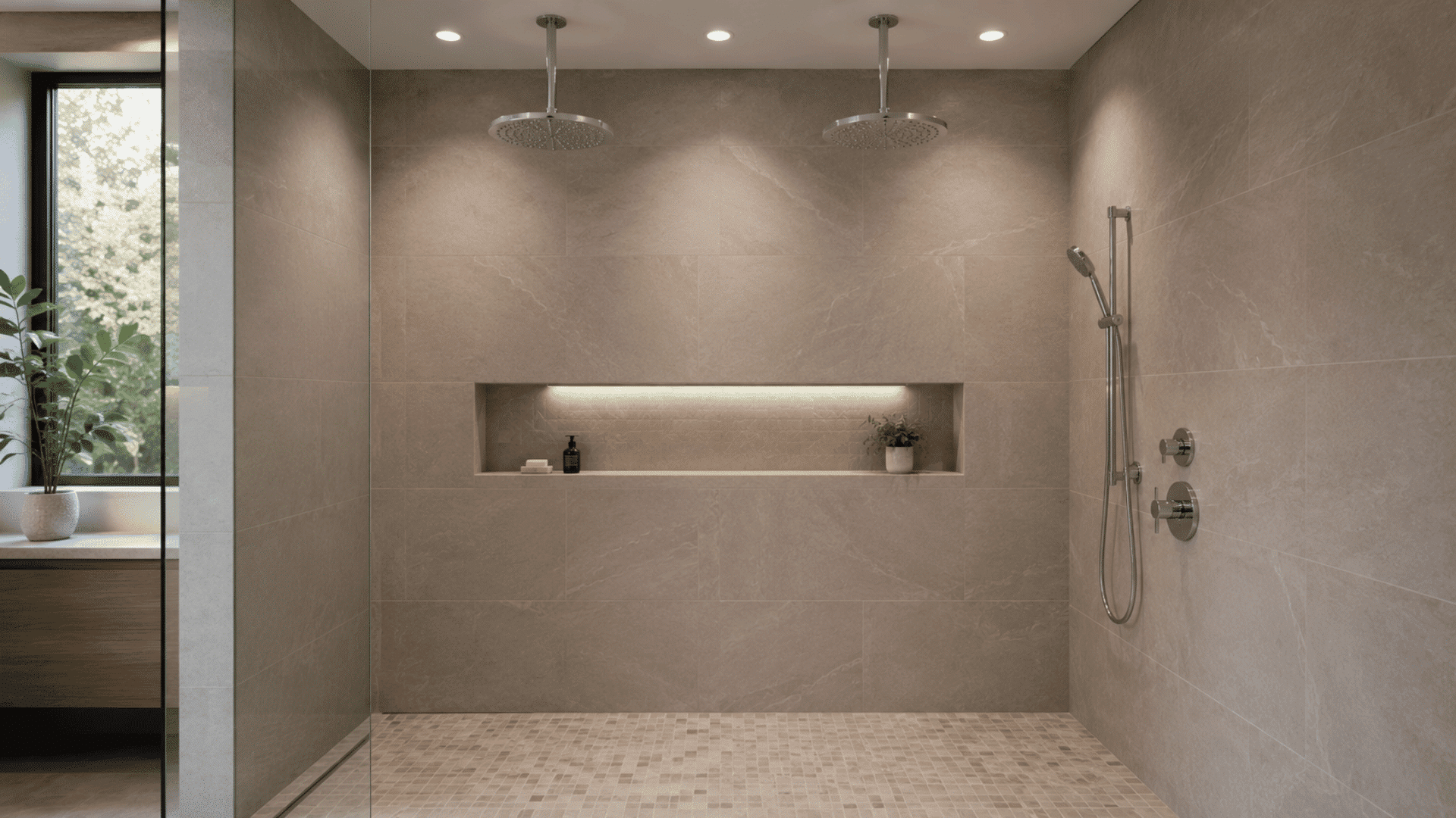 spacious walk-in shower with dual rainfall heads, beige tiles, and lit wall niche
