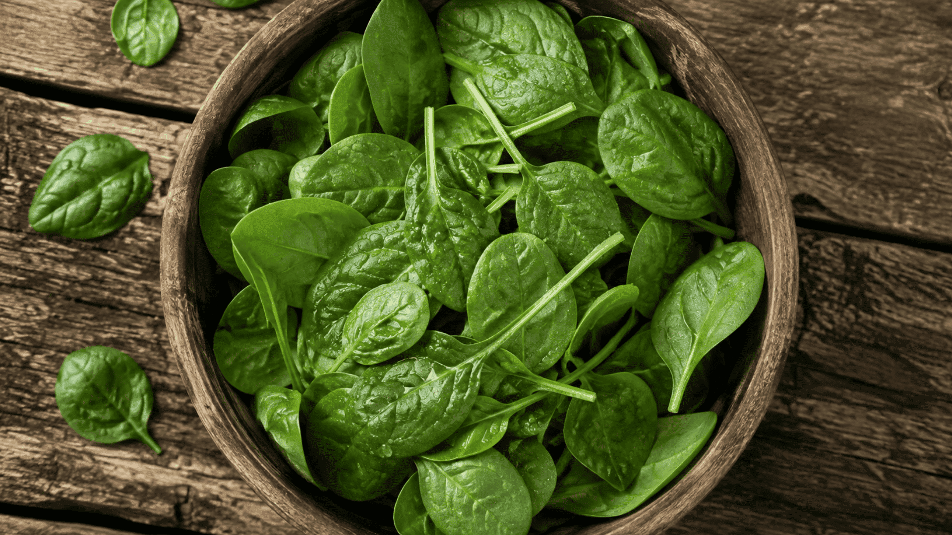 fresh spinach leaves in a rustic wooden bowl on a weathered table