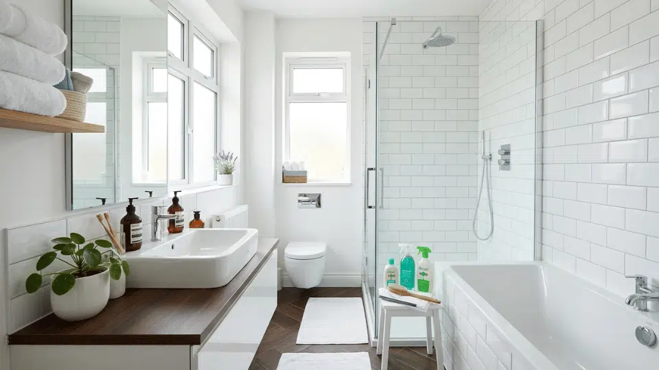 Spotless bathroom with clean tiles, organized toiletries, fresh towels, and polished surfaces after cleaning