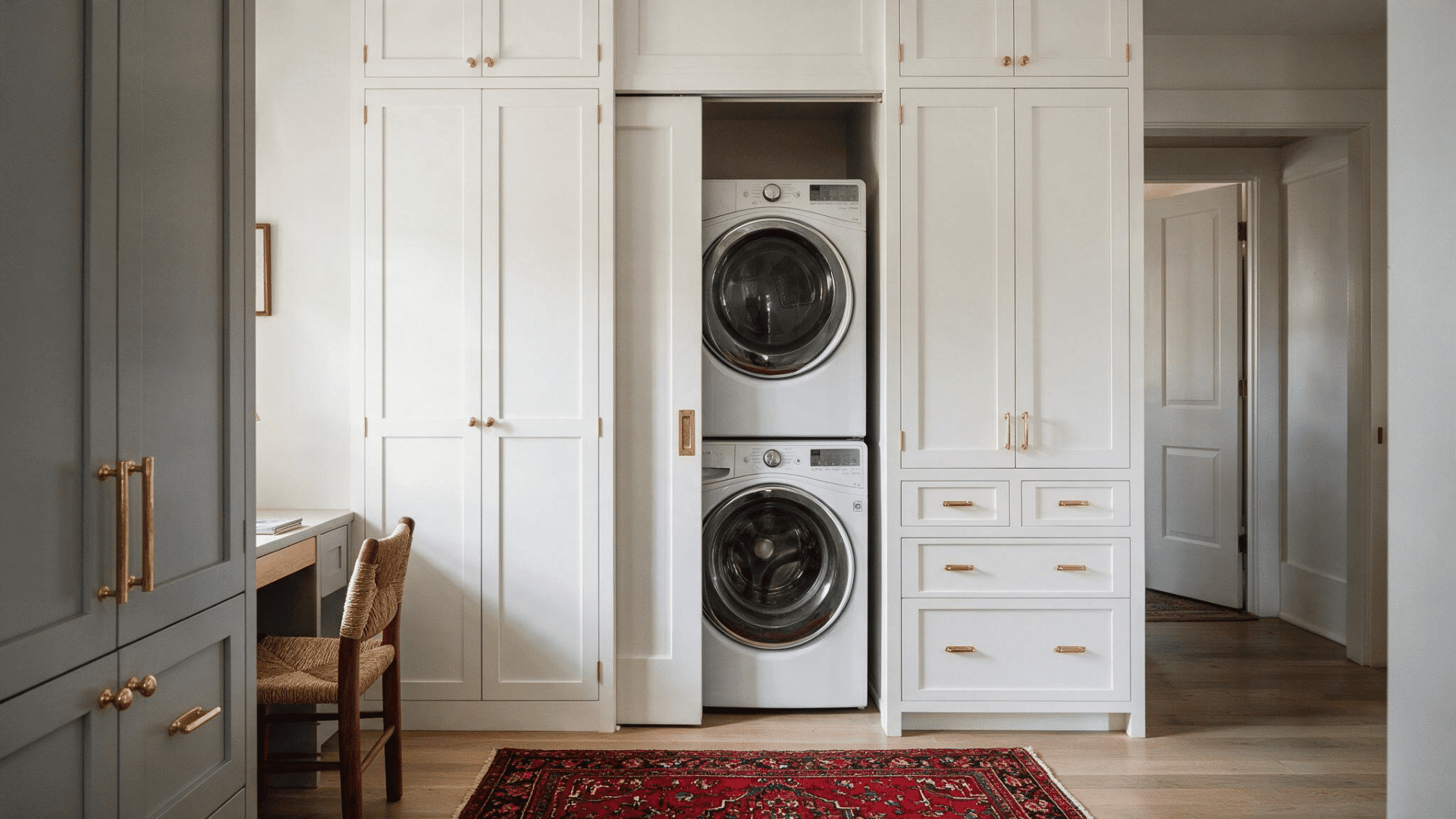 stacked washer and dryer tucked between white cabinets in a bright compact laundry room