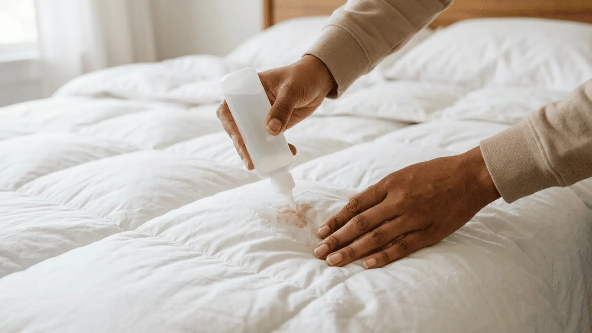 hands applying stain treatment to a marked area on a white down comforter